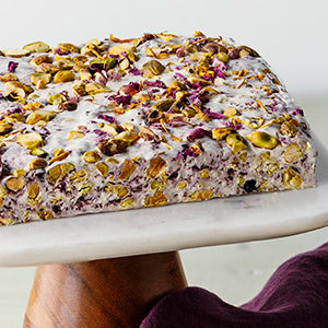 Amoretti Blueberry Pistachio Torrone with Rose Petals and Candied Orange Peel
