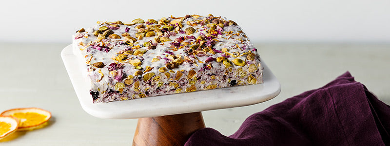 Amoretti Blueberry Pistachio Torrone with Rose Petals and Candied Orange Peel