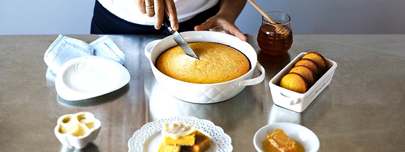 Slicing Gluten Free Cornbread with Sweet Corn Honey Butter