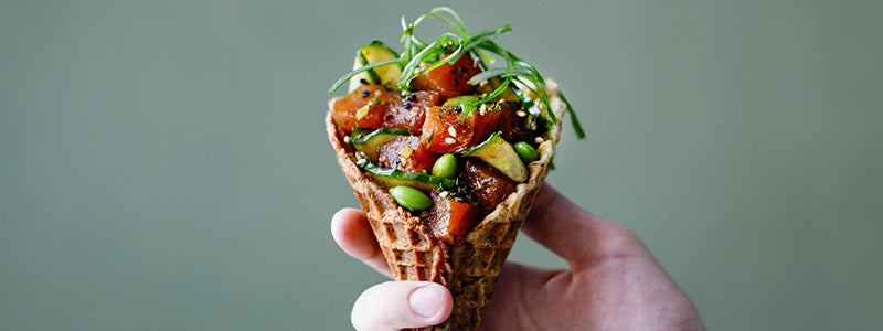 Amoretti Tuna Poke with Ginger Soy Marinade in an ice cream cone