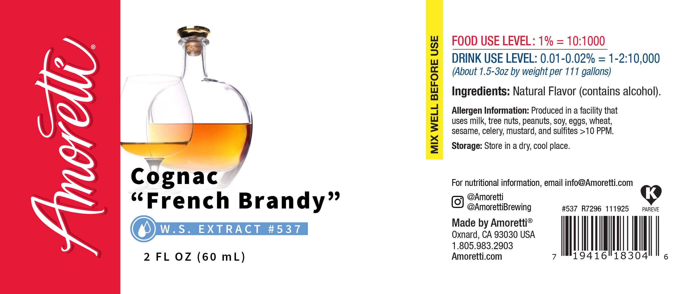 Cognac "French Brandy" Extract 88% alc. Water Soluble  Amoretti