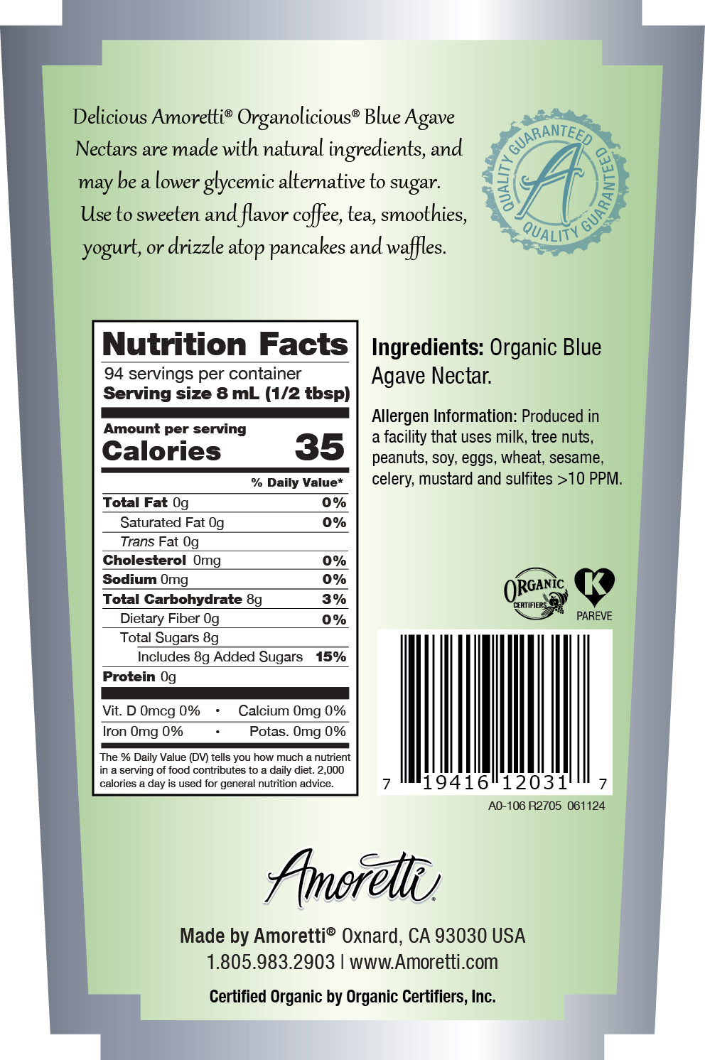 Amoretti Organolicious Organic Amber Blue Agave Nectar 25.4 oz