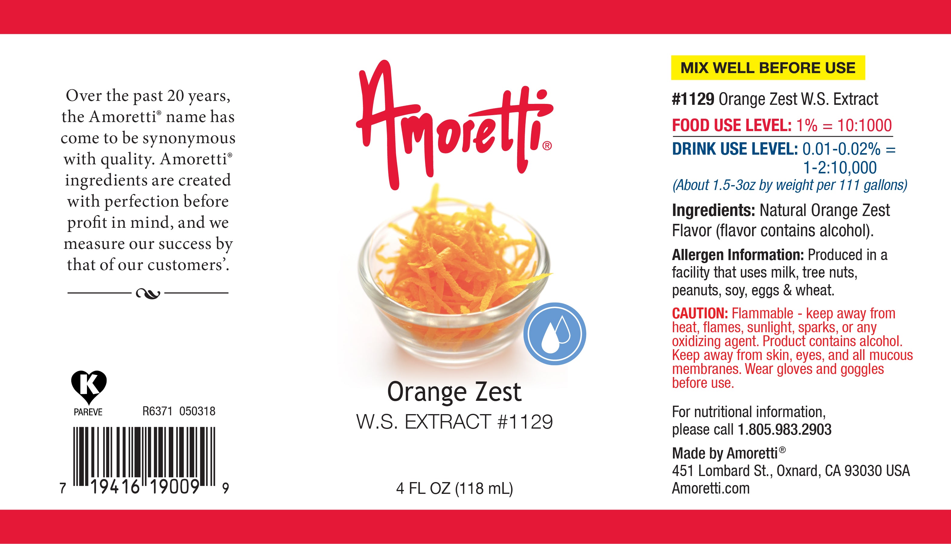 Amoretti - Natural Orange Food Color Water Soluble - 4 fl oz